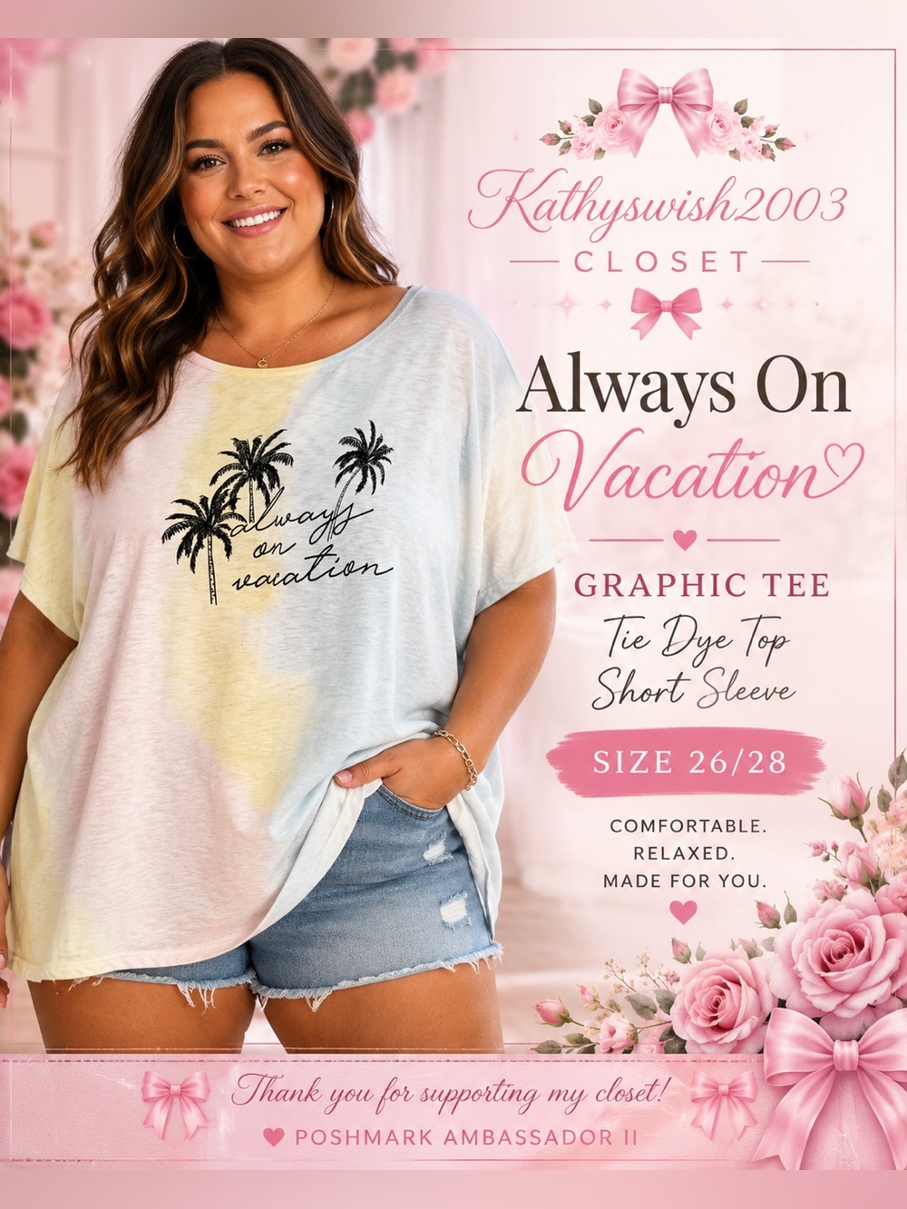 Lane Bryant “Always On Vacation” Graphic Tee …Tie Dye Top Short Sleeve 26/28